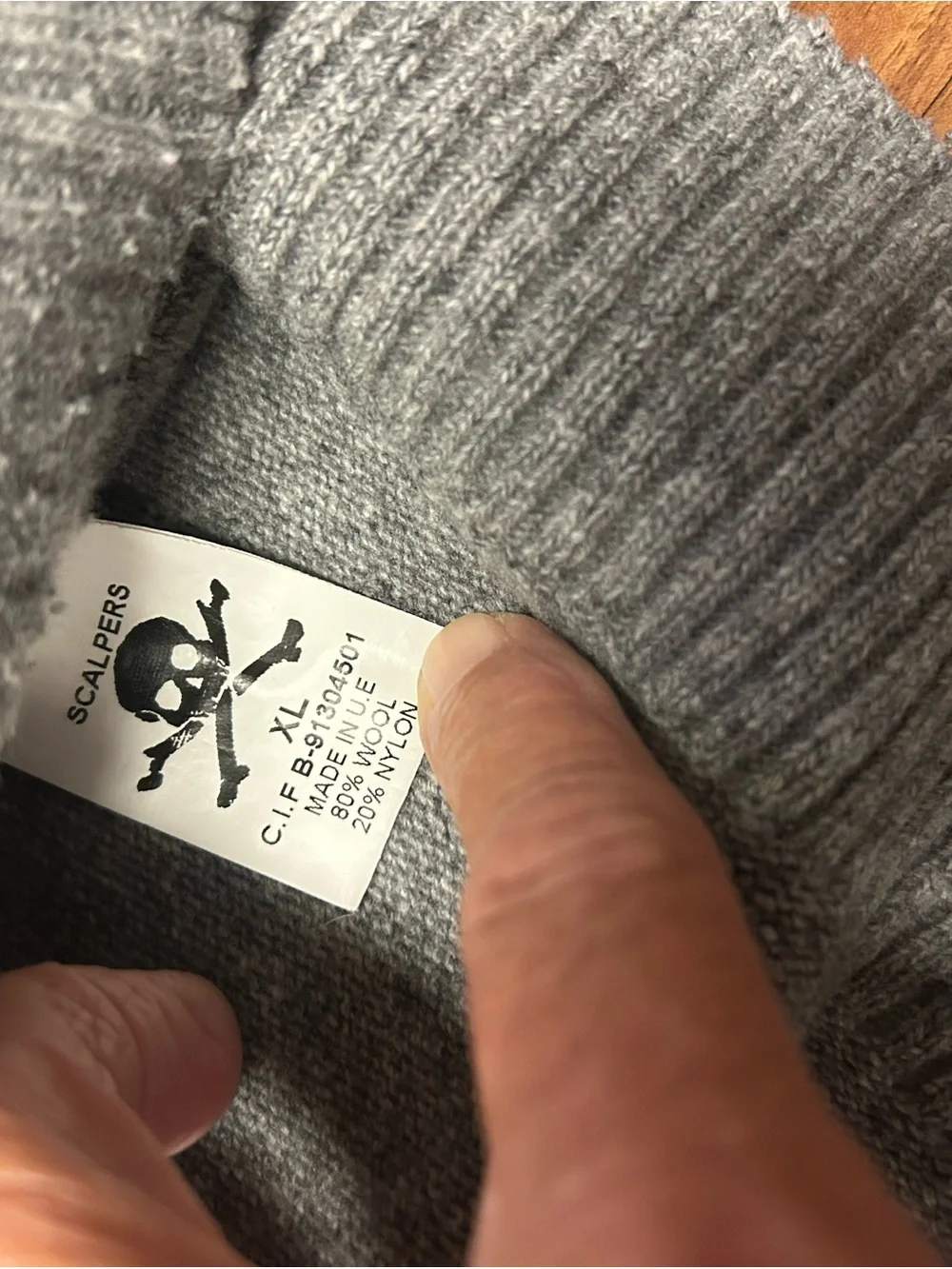 Scalpers Men’s Wool V Neck Grey Skull Logo With Patches On Arm XL